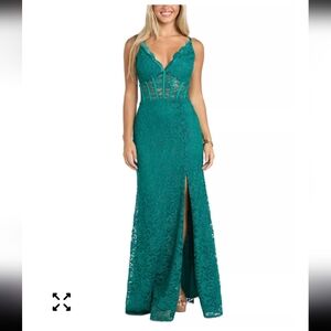 Morgan & Co Juniors' Glitter Scallop Lace Corset Slip Gown Sz 1 Green Slit New